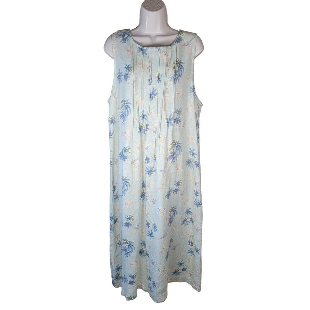 VTG Match Size Large Dress 100% Linen Green Blue Beach Tropical Palm Made in USA